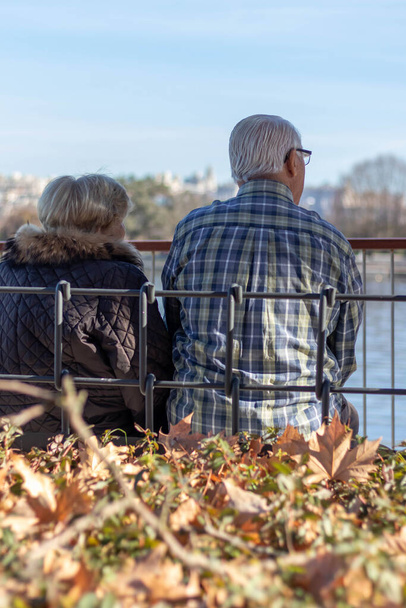 MADRID, SPAIN - JANUARY, 16, 2022: Elderly couple sitting on a bench in the park - 写真・画像