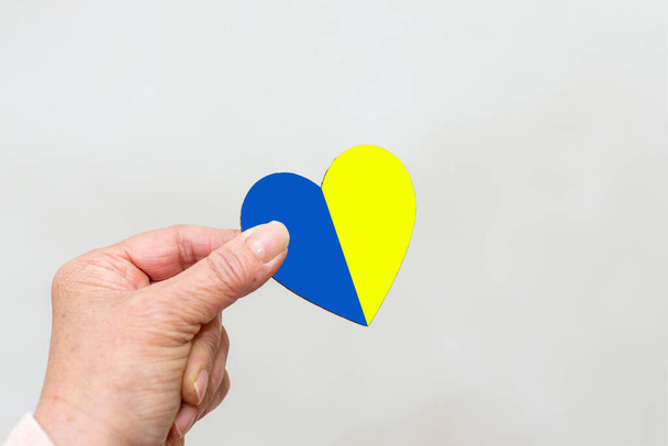 Woman hand holding heart with the Ukrainian flag.Stop war Russia Ukraine.Copy space.Gray white background. - 写真・画像