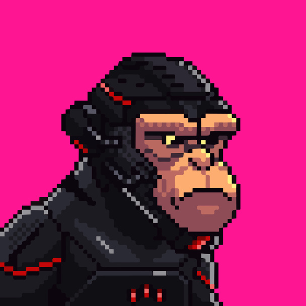 Galaktyczne małpy pikselowe, postać NFT. 16-bitowy goryl w kostiumie i akcesoriach. Żywy kolorowy atut gry zwierząt. Portret avatar płaska ilustracja - Zdjęcie, obraz