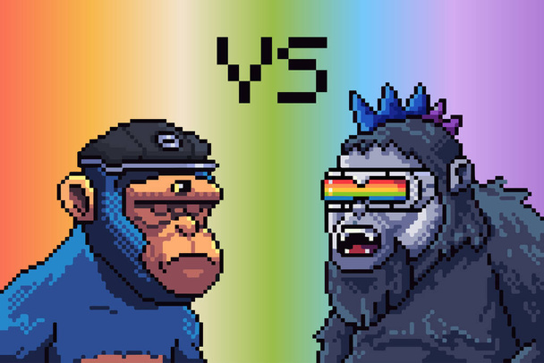Galattica scimmie pixel art carattere NFT. gorilla a 16 bit su sfondo arcobaleno. Vibrante colorato animale gioco di combattimento asset. Ritratto avatar illustrazione piatta - Foto, immagini