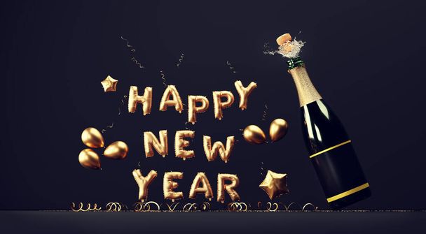 Eksplozja butelki szampana i szczęśliwy nowy rok balon życzenia na czarny - Zdjęcie, obraz