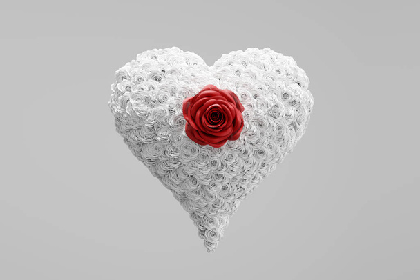 Srdce z bílých růžových květů s jednou červenou uprostřed. Valentýnské téma. 3D ilustrace - Fotografie, Obrázek