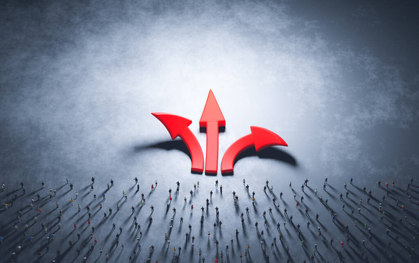 People make decision and choose. Red arrows pointing at different directions. 3D illustration - Photo, Image