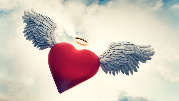 Coeur avec ailes d'ange et anneau d'or symbole d'amour volant dans les nuages. Thème de la Saint Valentin. Illustration 3D - Photo, image