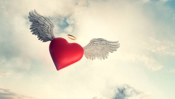 Szív angyalszárnyakkal és arany gyűrűvel szerelem szimbólum repül a felhőkben. Valentin napi téma. 3D illusztráció - Fotó, kép