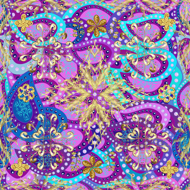 Vintage baroque floral seamless pattern in gold over violet, blue and purple. Luxury, royal and Victorian concept. Ornate vector decoration. Golden element on violet, blue and purple colors. - Vektor, obrázek