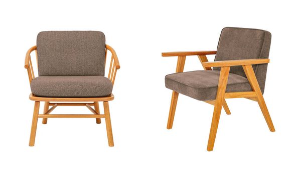 Twee bruine luxe klassieke fauteuil met houten poten en armen met knippad geïsoleerd op witte achtergrond. Reeks meubels - Foto, afbeelding
