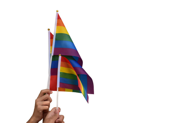 banderas de arco iris aisladas, símbolo lgbt, en manos con caminos de recorte. - Foto, imagen