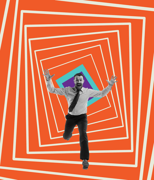 Creative design. Happy man, employee celebrating successful business deal, running isolated over hypnotic background - Фото, изображение