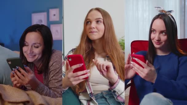 Iloiset nuoret aikuiset naiset istuvat sohvalla älypuhelimen avulla katsomassa videota, verkko-ostoksia, napauttamalla - Materiaali, video