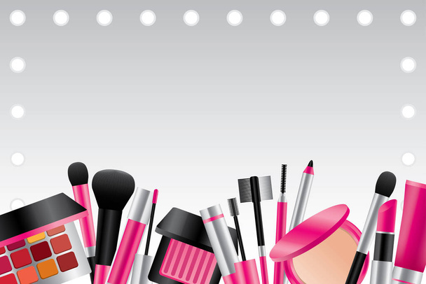 herramientas de maquillaje de lujo con espejo iluminado fondo ilustración vector. - Vector, imagen