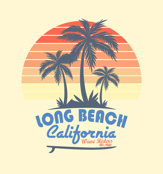 Kalifornijski surfer. Długa plaża. Zachód słońca i palmy - Wektor, obraz