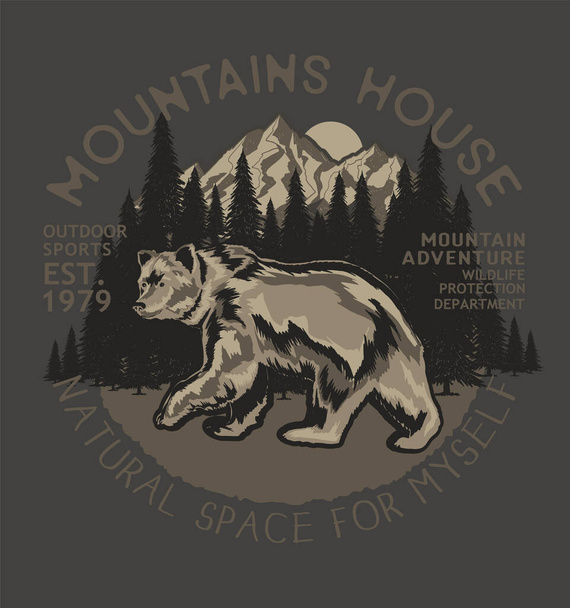 Casa de las montañas. Parque Nacional concepto colorido con el bosque de aves voladoras y montañas paisaje dentro de silueta de oso aislado vector ilustración - Vector, Imagen
