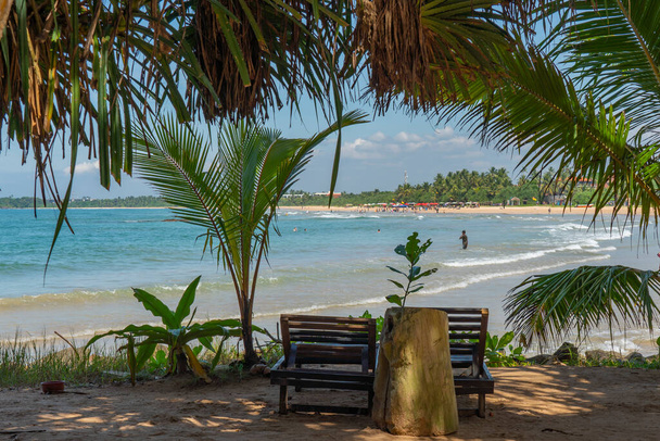 Two benches in the shade at Bentota Beach, palms, Indian Ocean at Sri Lanka, background people at the shore - Foto, immagini