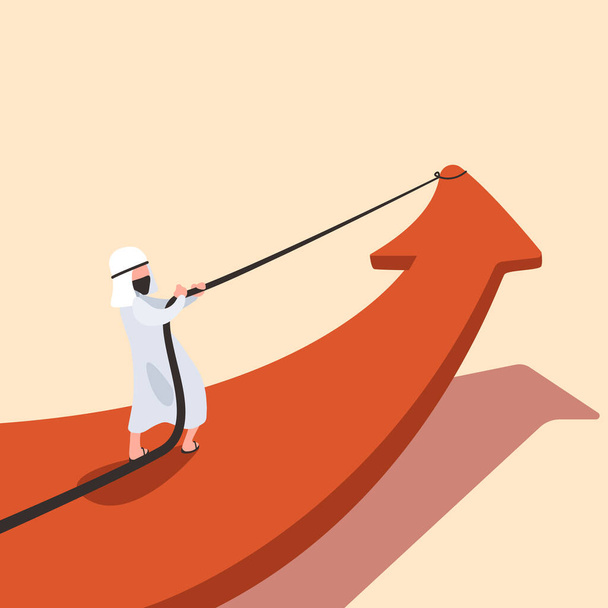 Business käsite tasainen tyyli arabi liikemies vetää iso punainen nuoli köydellä ja tekee siitä nostaa. Markkinointi ja rahoitus. Menestyksen symboli. Johtajuus, saavutus. Suunnittelu vektori kuva - Vektori, kuva
