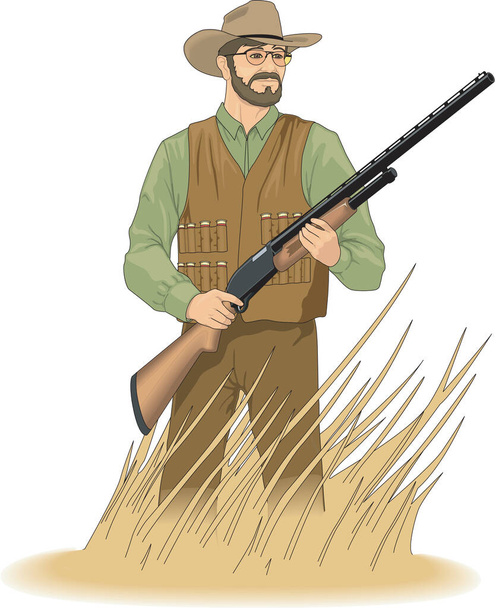 Hunter com Shotgun Vector Ilustração - Vetor, Imagem