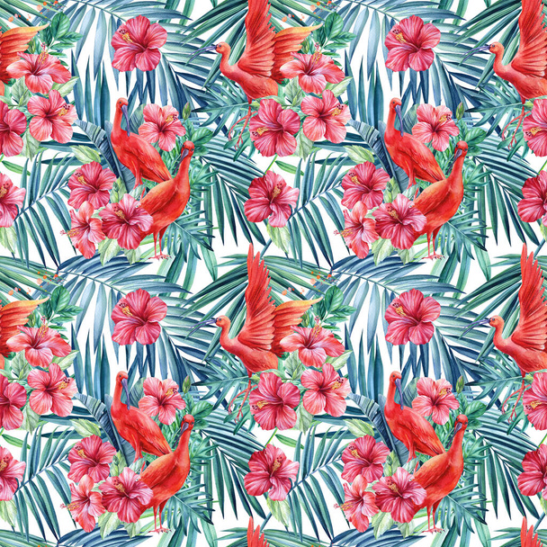 Akwarela liści palmowych, tropikalnych kwiatów hibiskus i ptaków ibis na białym tle. Płynne wzory. - Zdjęcie, obraz