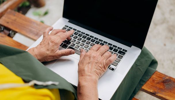 Senior Female hands type text on laptop keyboard - Fotó, kép