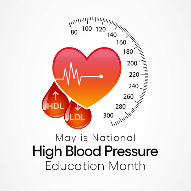 A nemzeti magas vérnyomás (HBP) oktatási hónapja minden év májusában megfigyelhető. magas vérnyomásnak is nevezik. vektor illusztráció. - Vektor, kép