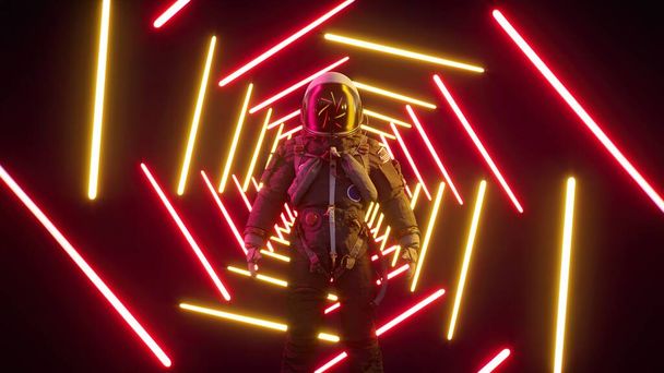 Astronaut in oneindige rode neon tunnel. Neon laserlichten. Retrowave 3d illustratie - Foto, afbeelding