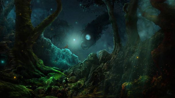 モンスターに遭遇する英雄の暗い森のファンタジーの風景 - 写真・画像