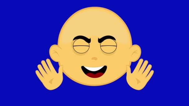 Animación de lazo de la cara de un personaje de dibujos animados, amarillo y calvo, agitando con las manos.Sobre un fondo de croma azul clave - Imágenes, Vídeo