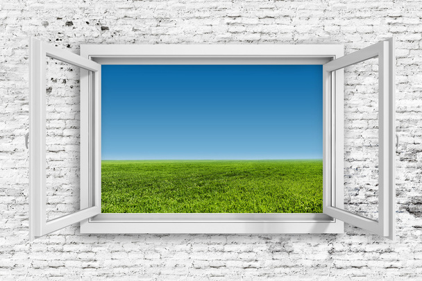 3d window frame with beautiful blue sky background - 写真・画像