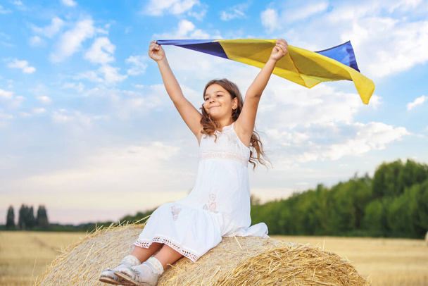 Uma menina com a bandeira da Ucrânia senta-se em um campo de trigo após a colheita. A colheita de cereais durante a guerra. A bandeira ucraniana contra o pano de fundo de um céu azul pacífico após a guerra. - Foto, Imagem