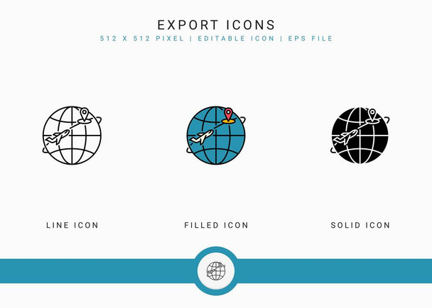 Export-Icons setzen Vektorillustrationen mit durchgehendem Icon-Line-Stil. Logistisches Lieferkonzept. Editierbares Schlaganfall-Symbol auf isoliertem Hintergrund für Webdesign, Benutzeroberfläche und mobile App - Vektor, Bild