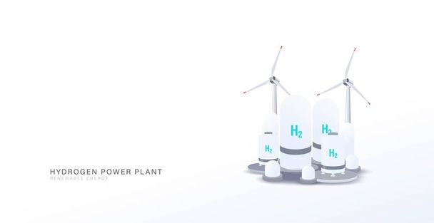 水素(H2)グリーン発電所のコンセプトベクトル図。クリーン電気産業と生態系に優しいコンセプトのための再生可能エネルギー. - ベクター画像