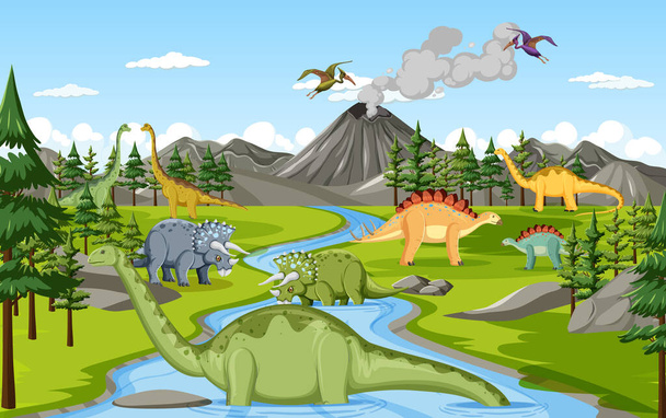 Dinosaurio en la escena prehistórica del bosque ilustración - Vector, Imagen