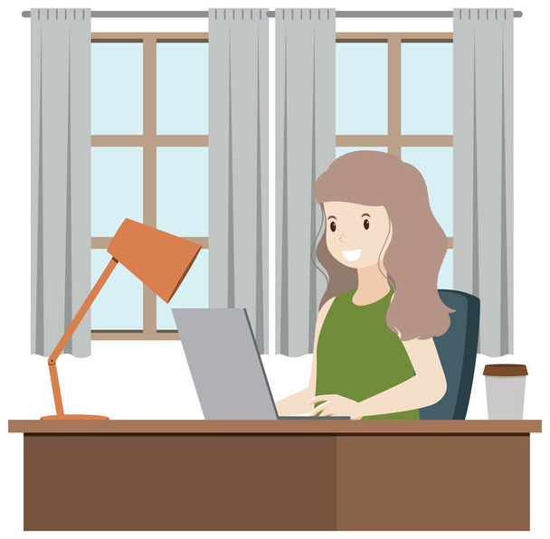Uma mulher trabalhando usando laptop ilustração de design plano - Vetor, Imagem