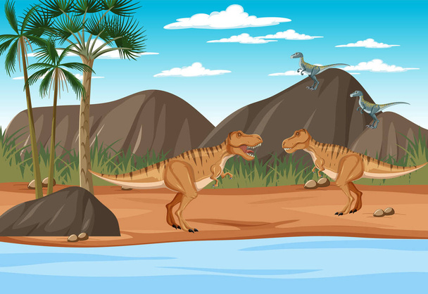 Σκηνή με δεινόσαυρους στην απεικόνιση του δάσους - Διάνυσμα, εικόνα