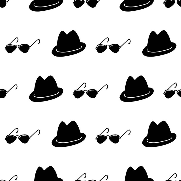 Detective, spy, mafia seamless pattern. Silhouette of black hat and sunglasses in a row on white background. - Vektori, kuva