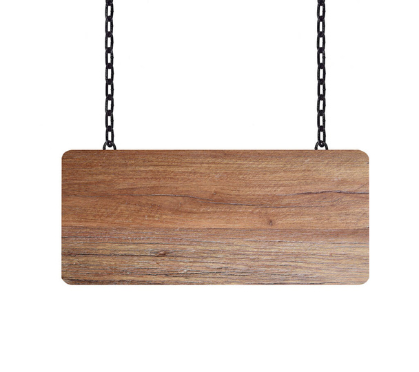 Wooden sign hanging on a chain isolated on white - Photo, Image
