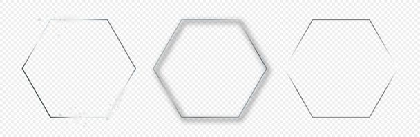 Ensemble de trois cadres hexagonaux argentés brillants isolés sur fond transparent. Cadre brillant avec des effets lumineux. Illustration vectorielle - Vecteur, image