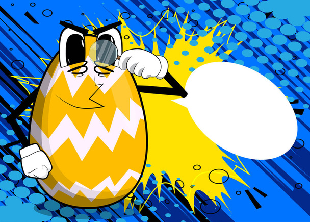 Huevo de Pascua sosteniendo una lupa. Personaje de dibujos animados con cara divertida para las vacaciones de Pascua. - Vector, imagen