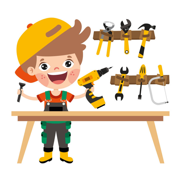 Cartoon Kid With Construction Tools - Vector, Image