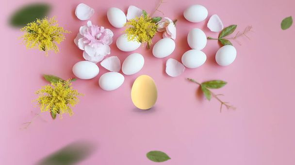  White yellow eggs with mimosa and tulip flowers  spring on pink holiday Easter  background banner template copy space - Photo, Image