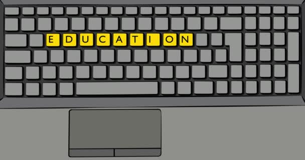 Bildungswort auf der Computertastatur. Tastatur mit farbigen Tasten auf dem Laptop. 4k Zeichentrickfilm im Comic-Stil. - Filmmaterial, Video