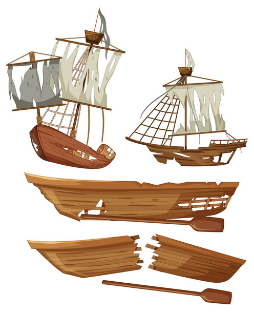 Conjunto de diferentes naufrágios em fundo branco ilustração - Vetor, Imagem