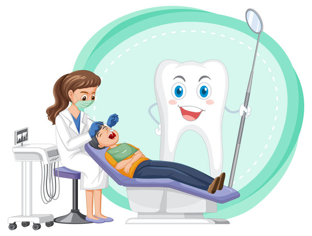 Zahnärztin untersucht Patientenzähne auf weißem Hintergrund - Vektor, Bild