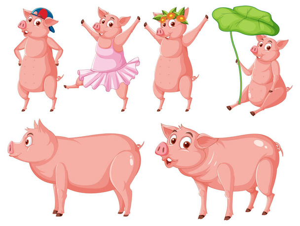 Ensemble de différents porcs de ferme dans l'illustration de style dessin animé - Vecteur, image