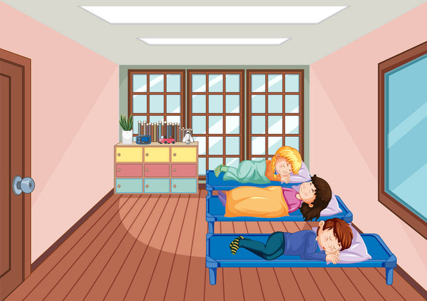 Kinderen slapen in bedden op kamer illustratie - Vector, afbeelding