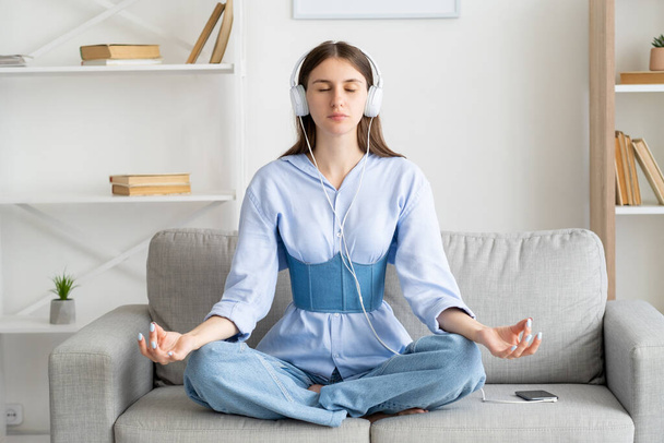 enjoying music meditating woman sound relaxation - Photo, image