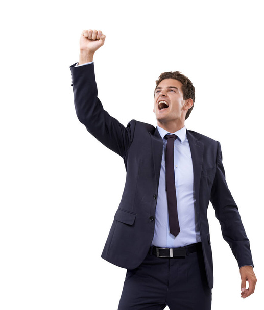 Cheering on his business team. A young businessman gesturing in triumph. - Photo, Image
