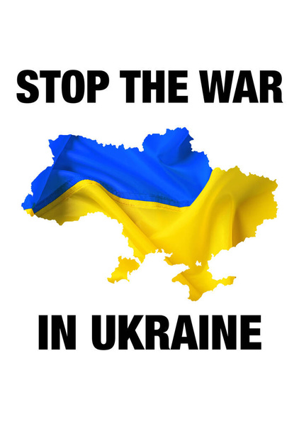 Nationalflagge in Form des ukrainischen Landes und Text STOP THE War IN UKRAINE auf weißem Hintergrund - Foto, Bild