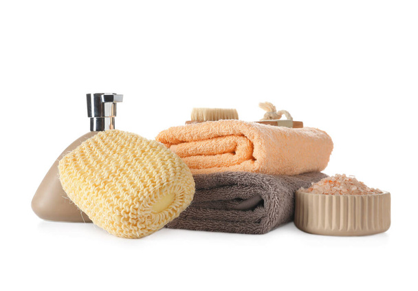 Set of bath supplies with sponge on white background - Photo, Image