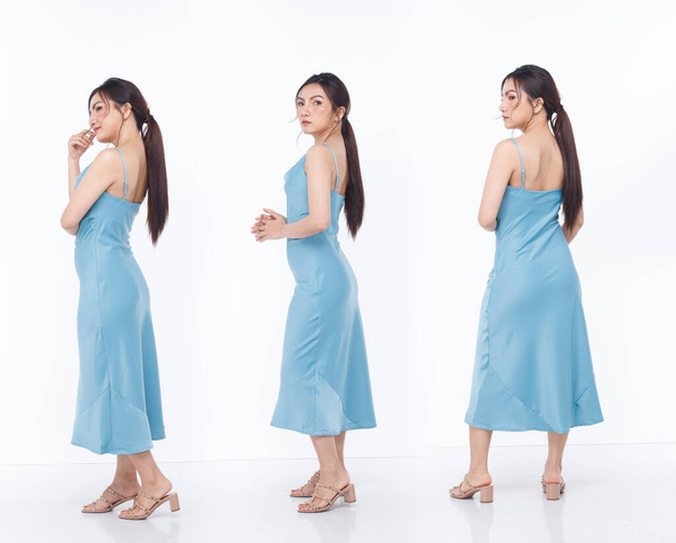 Collage Volledige lengte lichaam van de jaren '30 Aziatische Chinese vrouw dragen blauwe pyjama jurk zwart lang recht haar op witte achtergrond geïsoleerd. Vrouwelijke expressie gevoel glimlach gelukkig en sterke mode poseert op gezicht - Foto, afbeelding