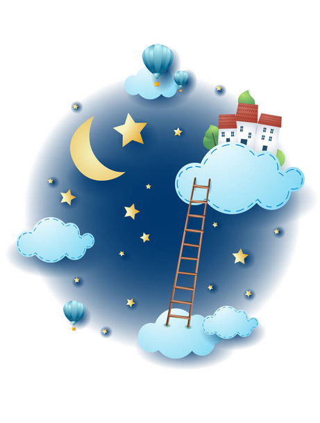 Ночной пейзаж с облаками, лестницей и деревней. Иллюстрация: eps10 - Вектор,изображение